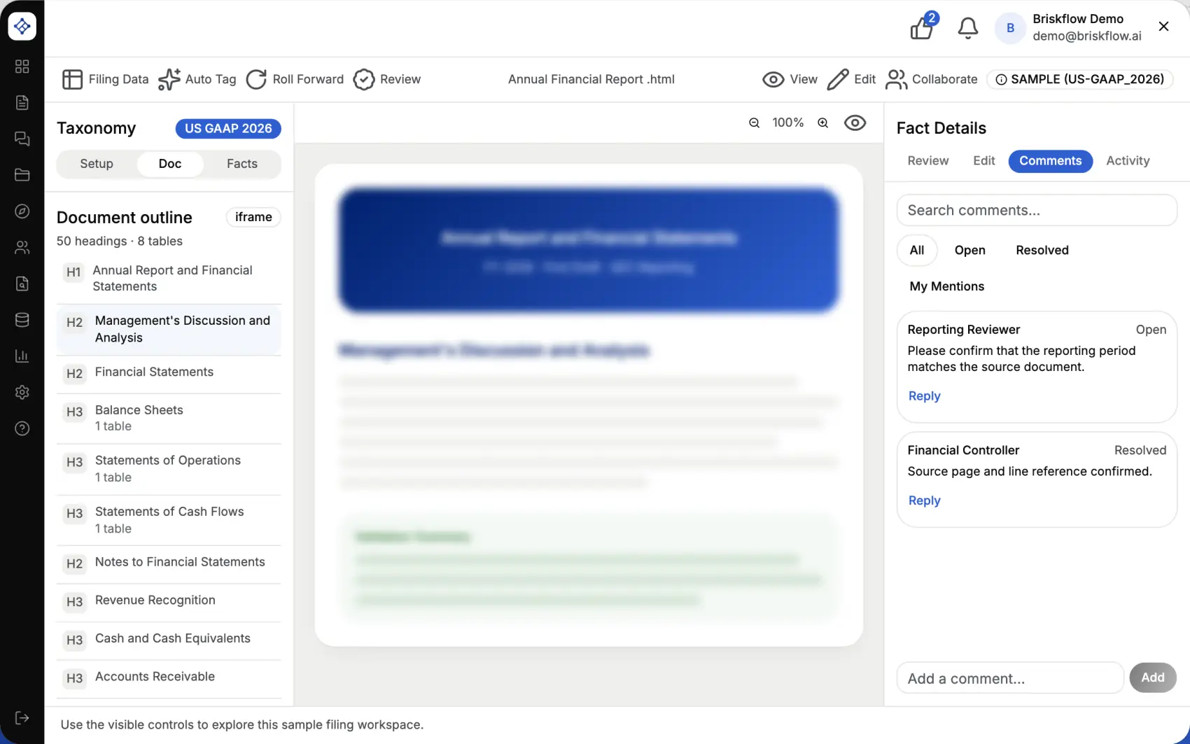 The Briskflow workspace with an annual financial report open for review, showing the document outline, the tagged report, and the fact details panel.